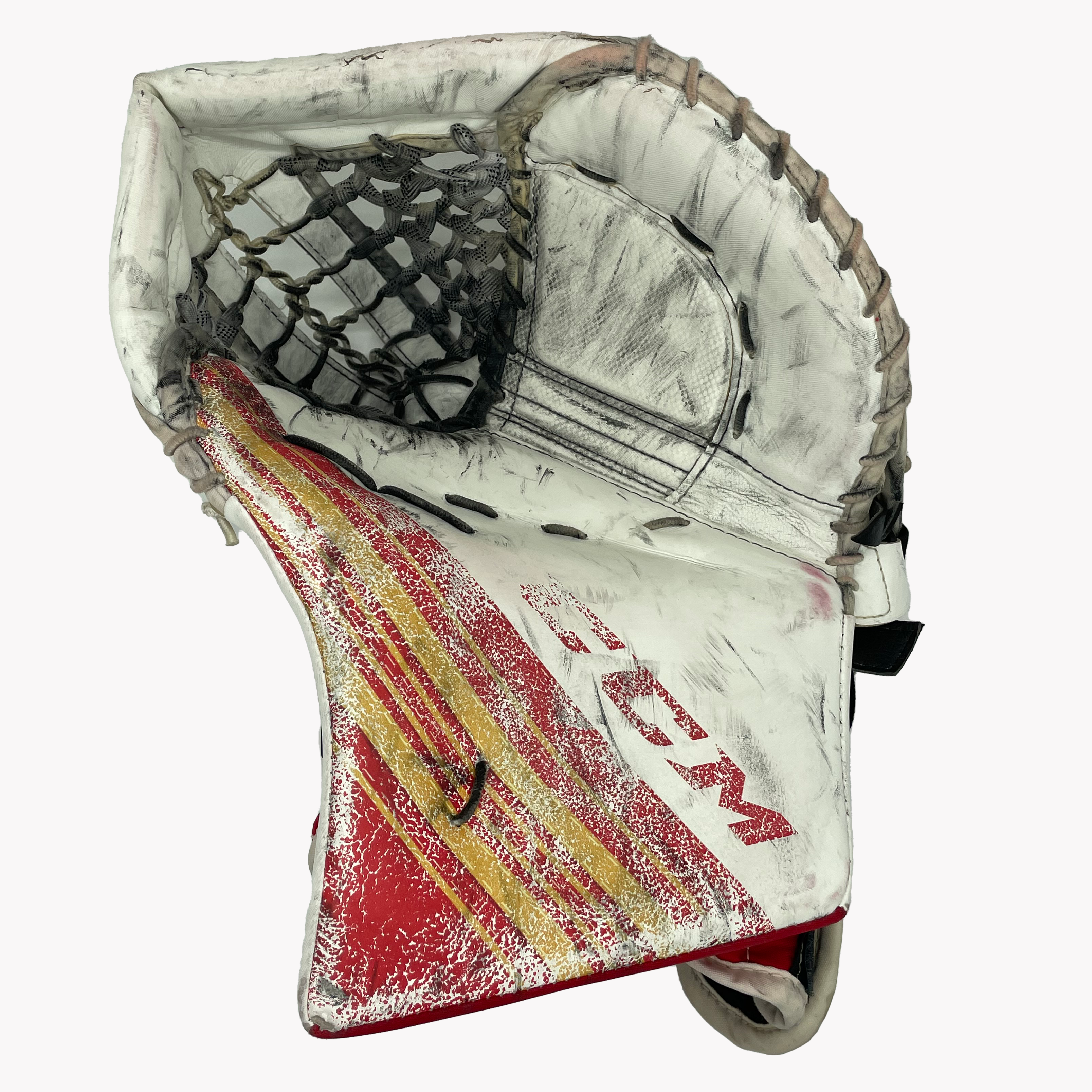 CCM Extreme Flex 5 - Gant de gardien de but Pro Stock d'occasion (blanc/rouge/jaune)